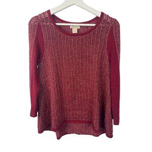 Lucky Brand Red Gold Metallic Crochet Sweater Small